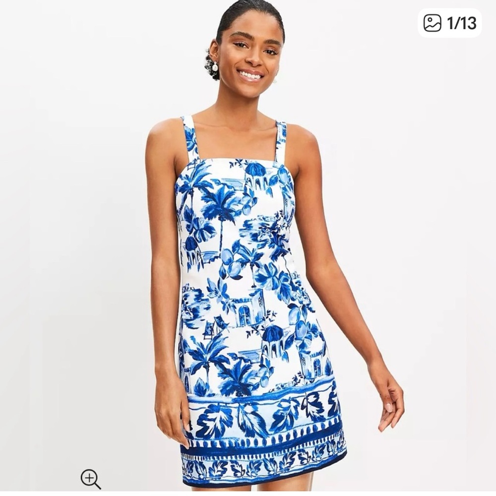 NWT LOFT Blue and White Corfu Tropical Print Linen Blend Dress, 12